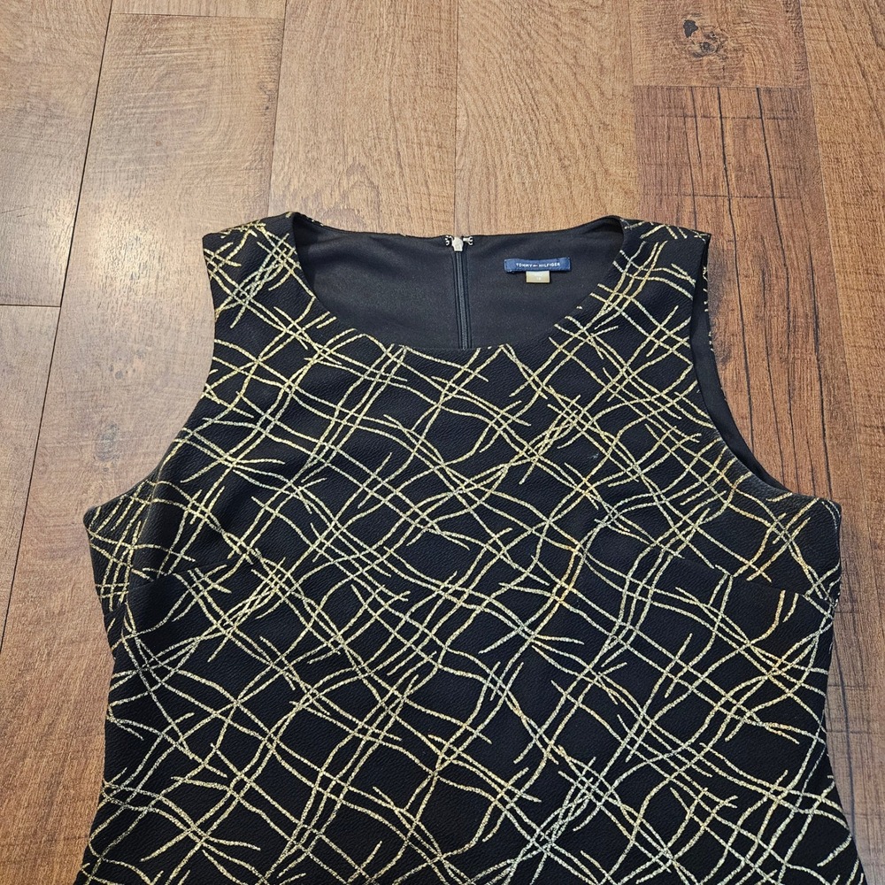 Tommy Hilfiger Women Black Gold Print Sleeveless Sheath Dress Size 16 Sparkle
